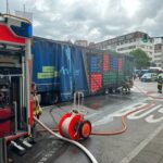 FW Stuttgart: Brennende Achse eines Sattelschleppers am Marienplatz